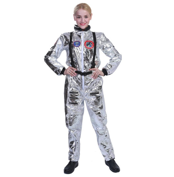 womens Astronaut Spaceman Costume Full length body jumpsuit with cargo pocket design and embroidered logo patches