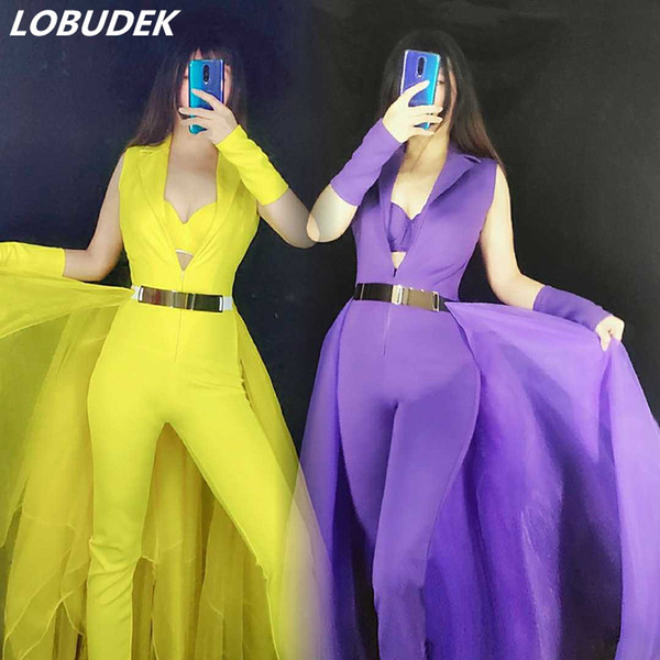 Purple Yellow Sexy V Neck Sleeveless Trailing Jumpsuit Women Singer Stage Wear Nightclub Dancer Dance Outfit Bar DS Host Costume