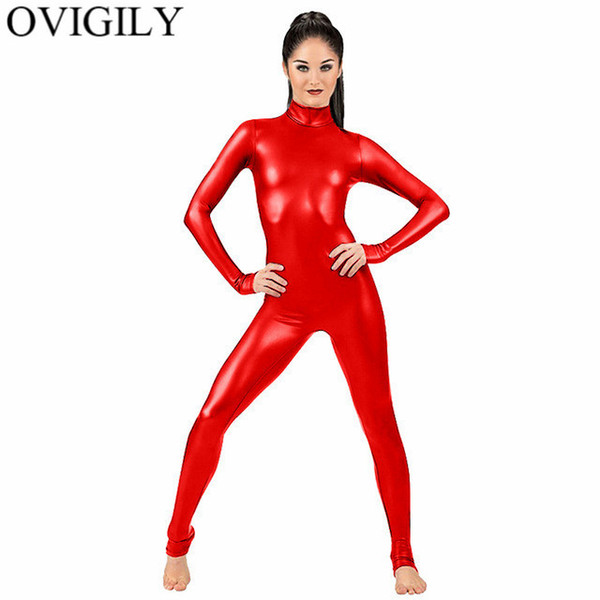 OVIGILY Women Black High Neck Unitard Catsuit Adults Long Sleeve Metallic Unitards Zentai Spandex Shiny Full Body Dance Costumes