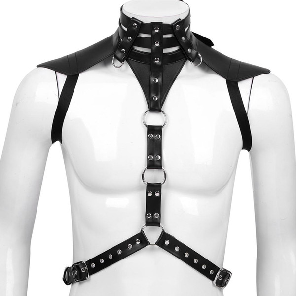 Fashion Male Mens Faux Leather Halter Neck Adjustable Buckles Body Chest Harness Belt with Metal O-rings Fancy Costume Straps