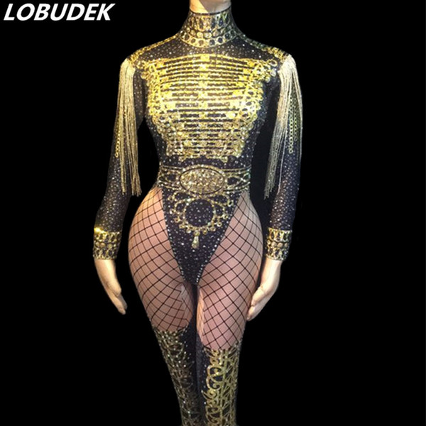 Gold Black Crystal Tassel Skinny Jumpsuit Elastic Leotard Occident Bar Female DJ Singer Jazz Costume Sexy Performance Stage Wear