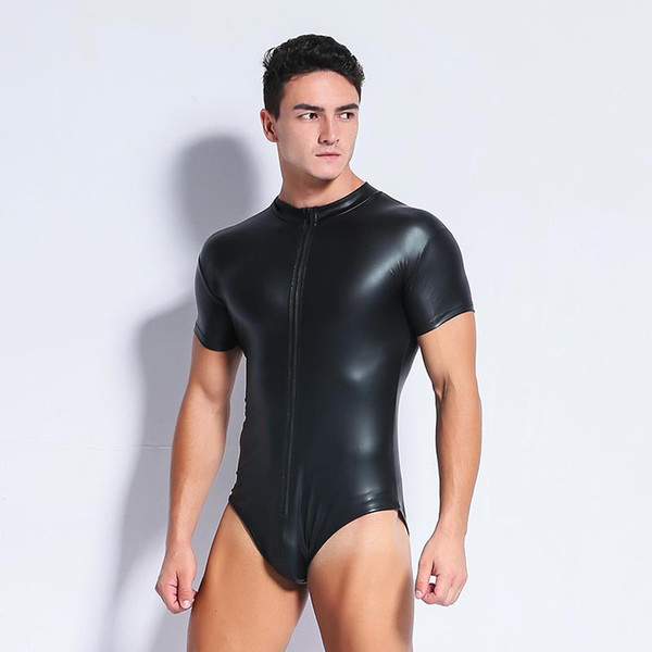 Plus Size S-3XL Black Sexy Men's Leather Bodysuit PU Latex Catsuit Men Sexy Lingerie Patent Leather One-piece Leotard Gay Wear