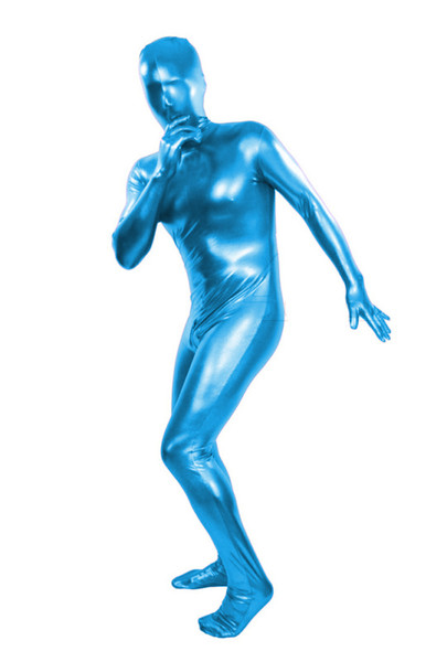 (MZS022) Light Blue Shiny Metallic Tights for classic halloween costumes Unisex original Fetish Zentai Suits