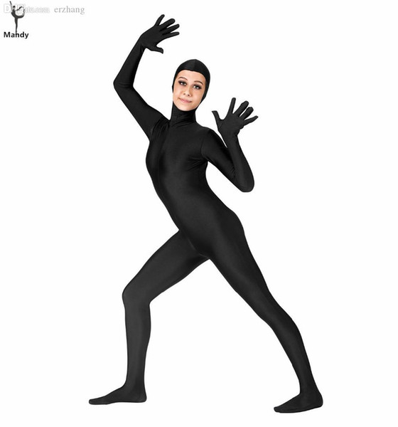 Wholesale-Black Womens Full Body Open Face Lycra Spandex Zentai Suit Costume Zipper Long Sleeve Hood Unitard with Feet and Hands