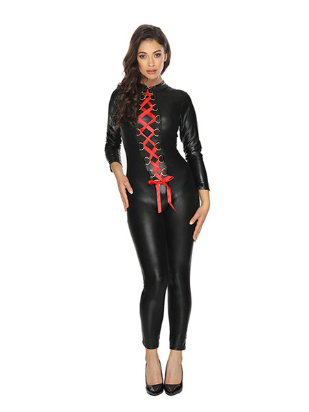 2020 Women PVC Zantai Black Two Way Lace-Up Bodysuit Faux Leather Catsuit Costume Sexy Wet Look Vinyl Jumpsuit