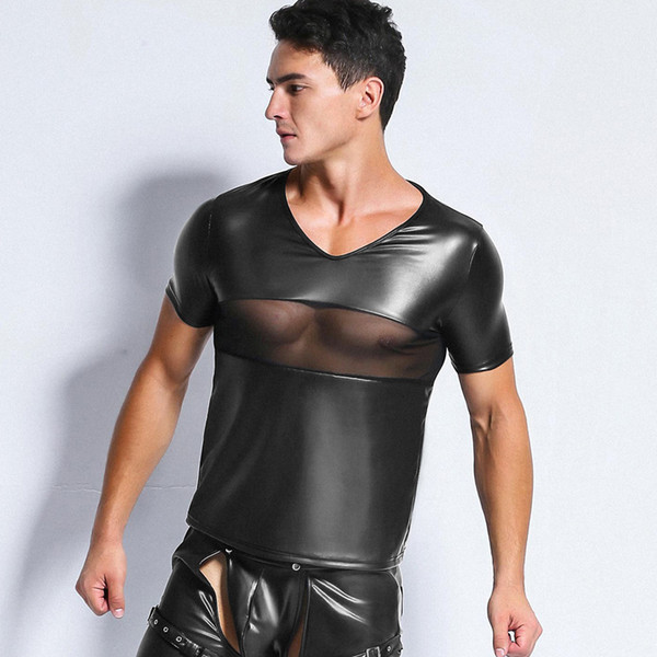 Man's Sexy Short Sleeve Shirt Catsuit Latex Leather Patchwork Costumes For Bar Clubwear Stripper Pole Dance Game Party