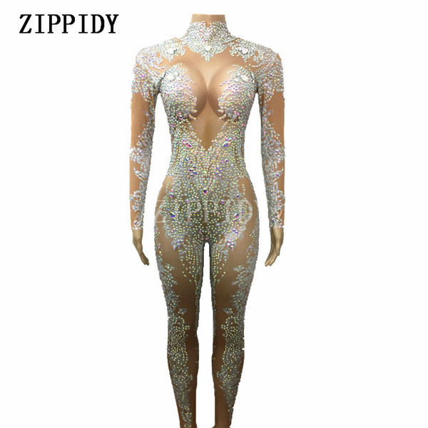 AB Rhinestones Sparkly Jumpsuit Fashion Sexy Nude Big Stretch Dance Costume One-piece Bodysuit Birthday Outfit Party Leggings S916