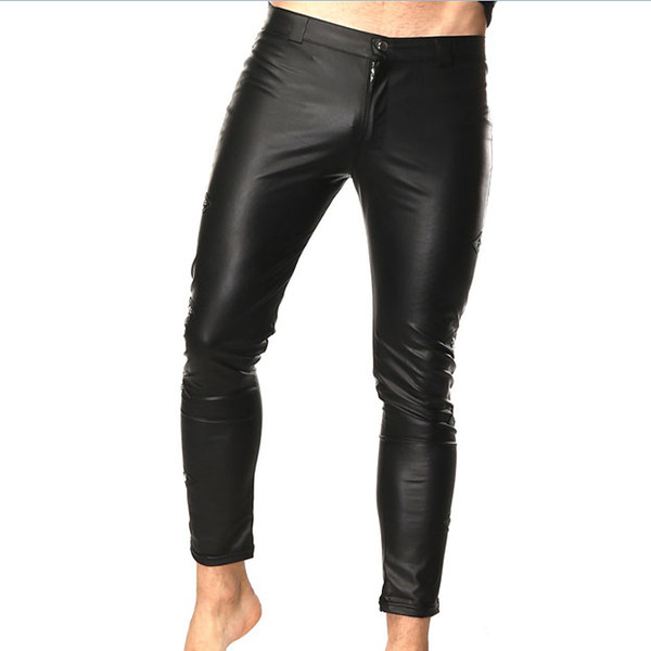 Mens Faux Patent Leather Skinny Pants Nightclub Stage Slim fit Performance Pants Stretch Leggings Wetlook Men Sexy Trousers