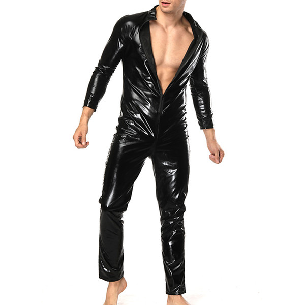 Men Faux Leather Latex catsuit Sexy Slim bodysuit black Shiny Erotic Lingerie Male Fetish Bodysuits Body Wear jumpsuit B