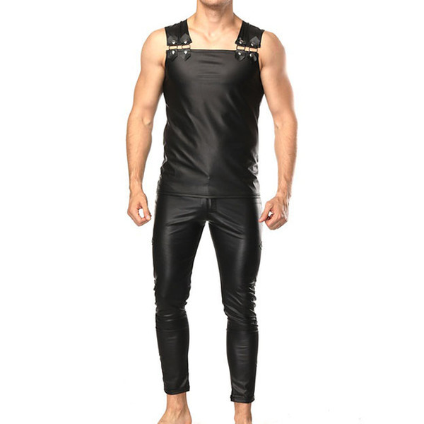 Faux Leather Men sets with Tank top Pants Sexy Slim Club Party Stage Performance Male Clothing Sets Black Solid Fashion Punk