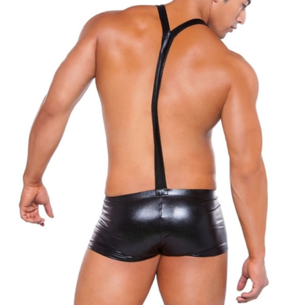 Sexy Men Faux Leather Bodysuit Shorts Boxers Underwear Jumpsuits Strap Gay Wear Man Pants Nightclub Stage Costumes Lingeries