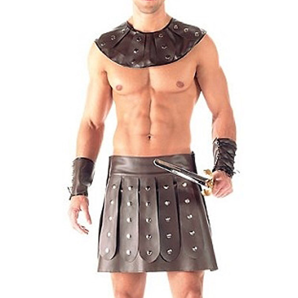 Novelty Sexy Men Faux Leather Outfit Kilt with Collar Cuffs Gladiator Costume Cosplay Clothing Nightclub Adult Play Party Set