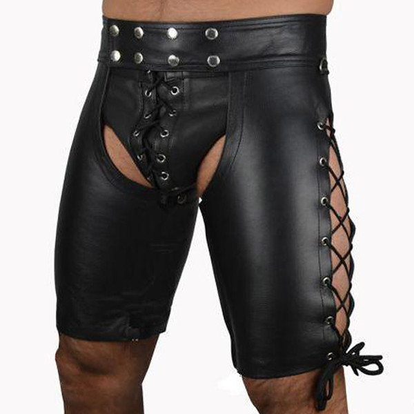 Men hollow Faux Leather Lace up Shorts Sexy Lingerie Patent Leathers Male Fetish Bondage Novelty Rivet Short Pants Hip Open