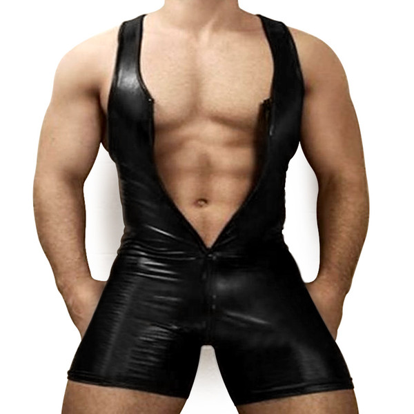 Faux Leather Tight Body Underwear Men Shapers Sexy Singlet Bodysuit Wrestling Leotard Male Casual Unitard Bust Open Underwear