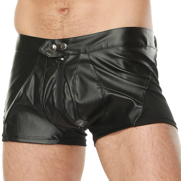 Mens Faux PU Leather Shorts Zipper Front Black Bermuda Masculine Shorts Men Clothes For Sexy Night Stage Performance Costume