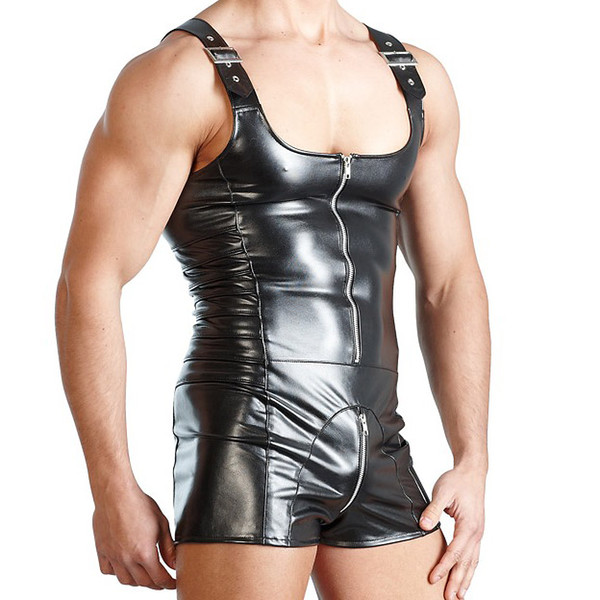 Mens Sexy PVC Faux Leather Wet Look Underwear Bodysuits One Piece Wrestling Zipper Crotch Catsuits Vest Leotard Fetish Clubwear