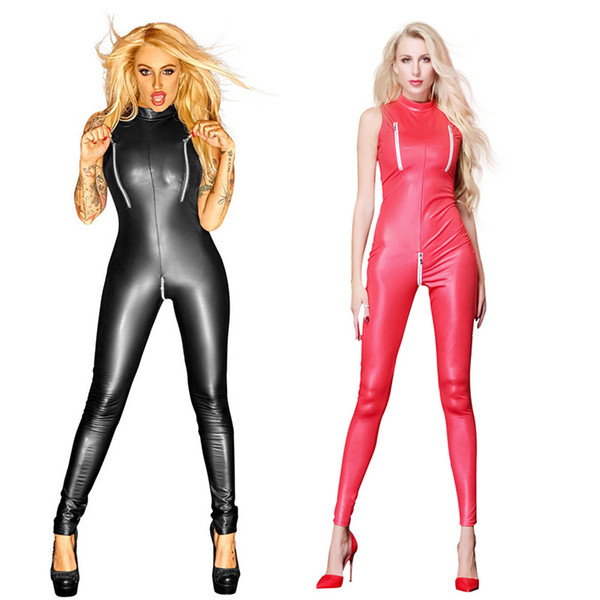 Free shipping New Gothic type Sexy Club costumes catsuit Faux leather sexy evening dancing bodysuit with crotch and chest open