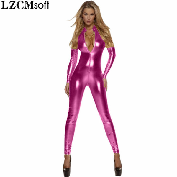 LZCMsoft Women Full Body Unitard Black Catsuit Bodysuit Long Sleeve Lycra Gold Front Zip Turtleneck Metallic Zentai Bodysuits