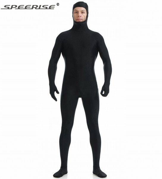 Speerise Mens Lycra Spandex Long Sleeve Footed Open Face Hood Mask Zentai Unitard Full Body Suit with Hands Head