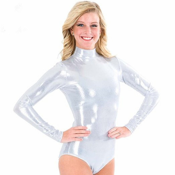 Speerise Adult Silver Turtleneck Shiny Gymnastics Leotard Costumes Ballet Dance Long Sleeve Zip Up Metallic Tank Leotard women