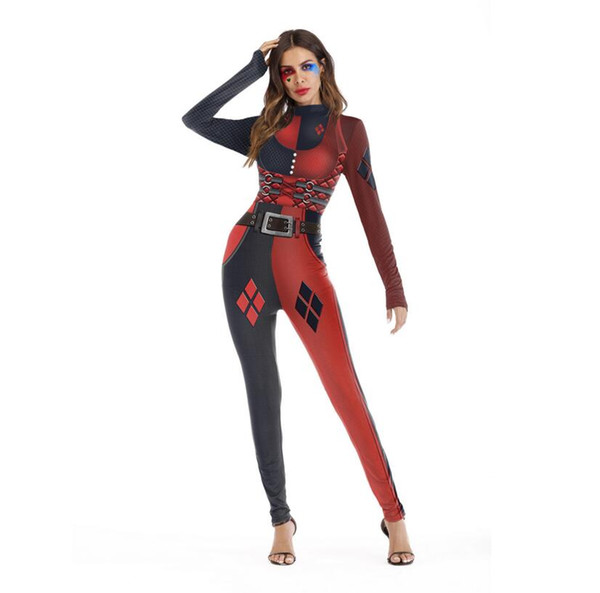 Helloween Cosplay Catsuit Costumes Women Festival Black Red Patchwork Printed Bodysuit