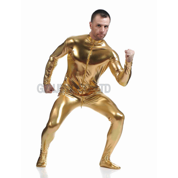 Wholesale-Adult Men Faux Leather Headless Metallic Gold Bright Skin Zentai Cosplay Costume Halloween Suit Bodysuit Unitard leotard