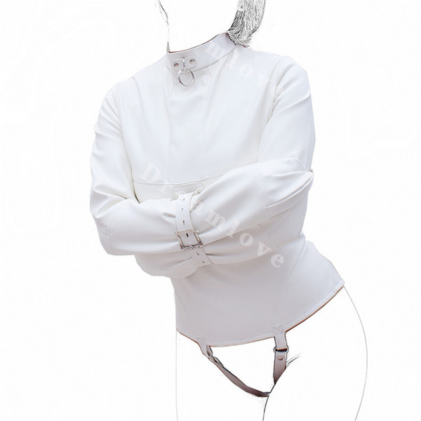 Womens Creamy White Straight Jacket for Medical Play Faux Leather Kinky Fantasy Straitjacket Top Fetish Gimp Role Play Costume