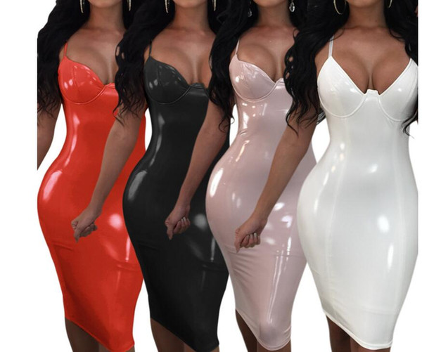 Bondage FetishWomen Black Sexy Dresses Shiny PVC Leather Latex Dress Deep V Gloosy Catsuit Exotic Party Clubwear Dance Clothes GC873