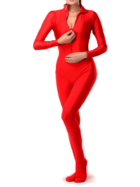 Kid Adult Red Front Zipper Mock Neck Zentai Costume Dancewear Unitard Bodysuit No Hood & Hands