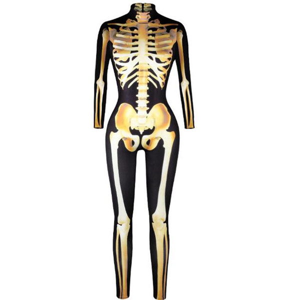 Holloween Women Jumpsuit 3D Printing golden skull Sexy High Waist Long sleeve Tight Ladies Halloween Club Wear Party CQ001