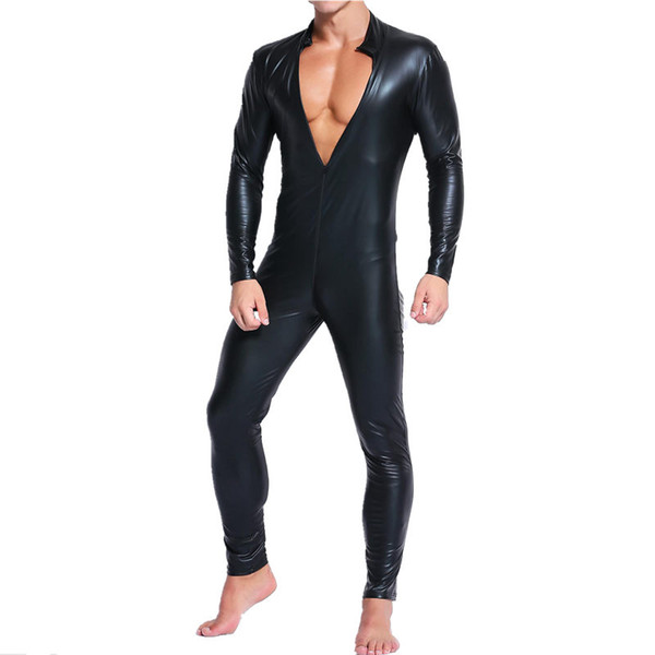 Faux Leather Men's Stretchy Zipper Bodysuit Sexy Mens Wet-look Long Sleeve Slim Tight Leotard One Piece Jumpsuit Clubwear M-XXL