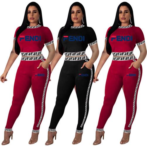 Women 2 piece sports set sweatsuit fashion stylish fitness running crop top t-shirt bodycon pants Plus Size summer clothing Wholesale 192