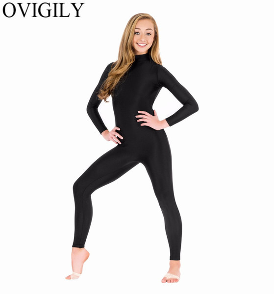 OVIGILY Spandex Turtleneck Long Sleeve Footless Unitards For Womens Nylon One Piece Black Dance Unitard Bodysuits Zentai Suits