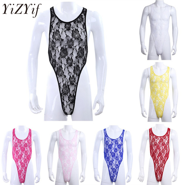 Sexy Mens Lingerie One Piece Floral Lace Mankini Bodysuit Underwear Transparent Sissy Pouch Swimsuit Jumpsuit Gay Men Sleepwear