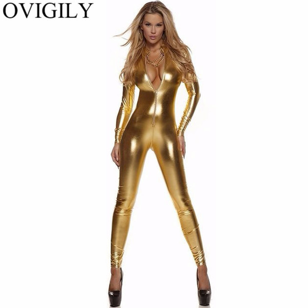 OVIGILY Women's Full Body Suit Black Long Sleeve Catsuit Female Lycra Red Front Zip Metallic Unitard Turtleneck Bodysuit Costume