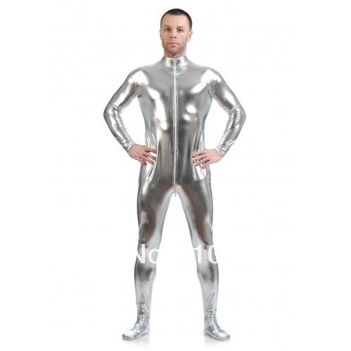 Wholesale-free shipping silver shiny metallic zentai Catsuit for Men leotard front open halloween performance zentai costume