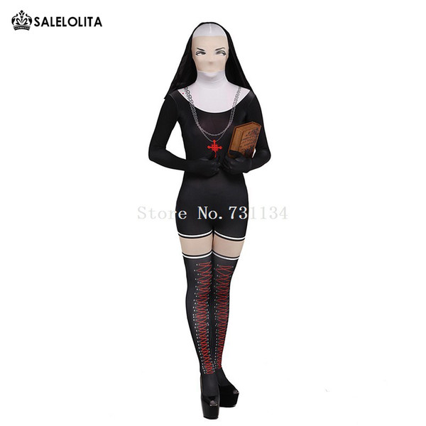 Black Spandex Nun Zentai Suit Sexy Halloween Costume Masquerade Cosplay