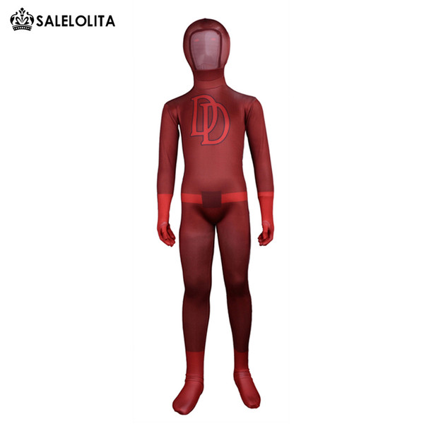 New Children Double D Printed Superman Daredevil Costume Kids Lycra Spandex Superhero Open Half-face Zentai Full Body Suit Child