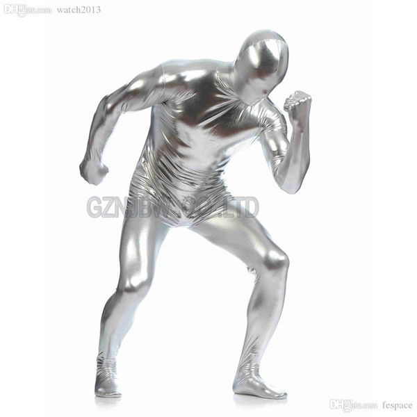 Wholesale-Adult Mens Faux Leather Metallic Silver Bright Full Skin Zentai Cosplay Costume Halloween Suit Bodysuit Unitard leotard