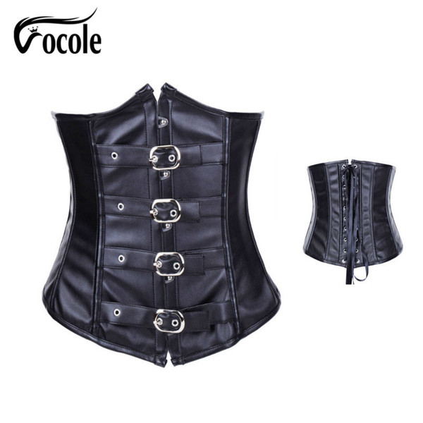 New 2019 Fashion Sexy Women Corset With Thong Faux Leather Black Steampunk Shaper Bustier