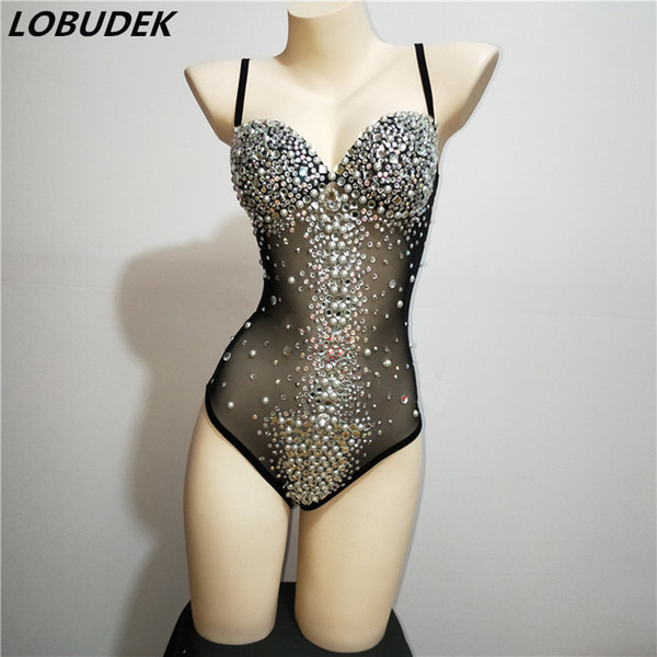 Sparkly Rhinestones Sexy Perspective Bodysuit Black Skin Color Mesh Backless Jumpsuits Bar DJ Singer Costume Zentai Dance Wear