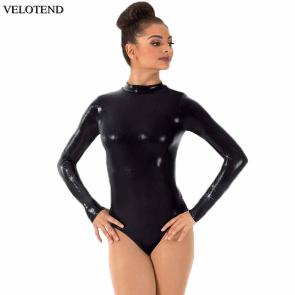 VELOTEND Women's Long Sleeve Leotards Turtleneck Gymnastics Dance Leotard One Piece Stage Performance Shiny Metallic Bodysuits