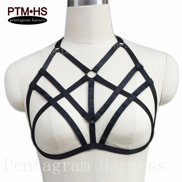 Pentagram Harness Women Body Cage Halter Harness Bra Goth Black Elastic Adjus Bondage Strappy Top Lingerie Club Party Dance Wear