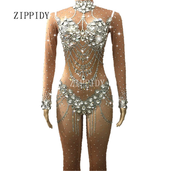 Sparkly Crystals Nude Jumpsuit Stretch Stones Outfit Celebrate Bright Rhinestones Bodysuit Costume Female Singer Birthday Dress S916