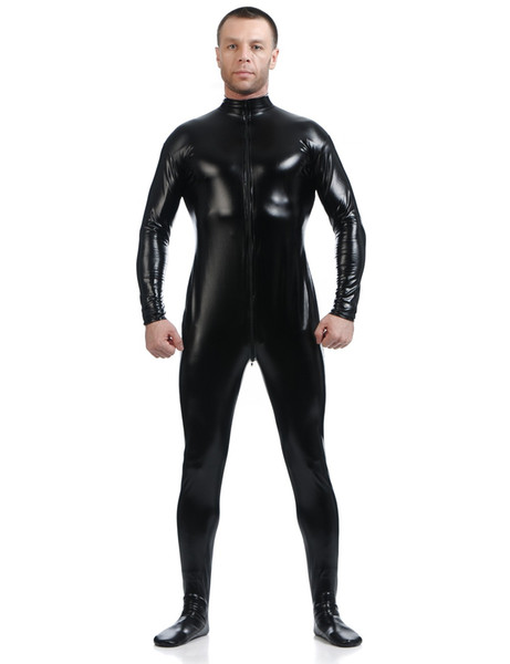 Wholesale-Men's Metallic Zipper Front One Piece Adult Catsuit Costume Shiny Lycra Spandex Zentai Suit S~XXXL