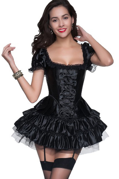 2015 Newest Women's Lovely Black U-neck Short Sleeve Bowknot Corset Skirt Costume Set