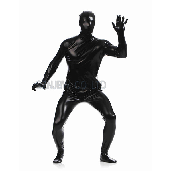 Wholesale-Adult Mens Faux Leather Metallic Black Bright Full Skin Zentai Cosplay Costume Halloween Suit Bodysuit Unitard leotard