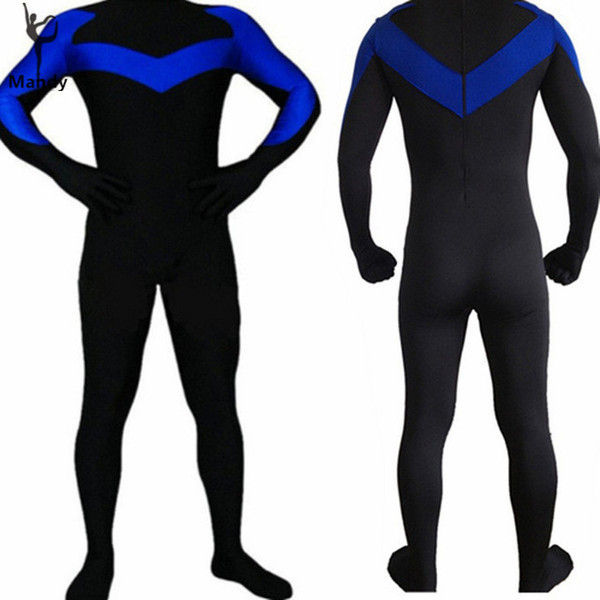 Wholesale-XXXL Adult Spandex Lycra Nightwing Costume Bodysuits Halloween Party Costume Unisex Skin-Tight Unitard Zentai Dancewear Hoodless