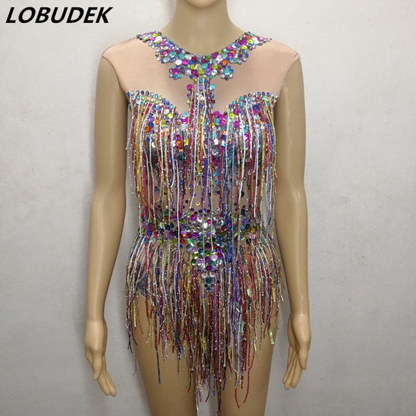 Zentai Costumes Colorful Tassels Rhinestones Bodysuit Sparkly Fringes Sleeveless Bodysuits Sexy Nightclub Women Dance Stage Wear