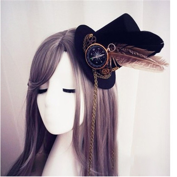 Womens Lolita Cosplay Little Hat Hairpin Steampunk Mini Top Hat Vintage Fedoras Gothic Gear & Compass Feather Chain Headwear